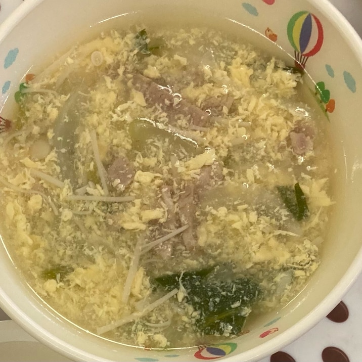 青梗菜とえのきとベーコンの卵スープ